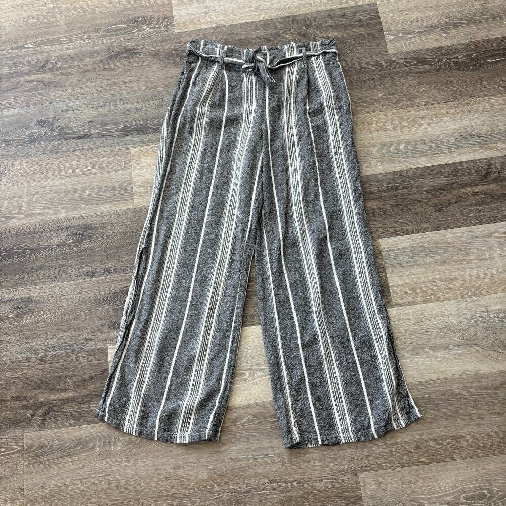 Happily Grey Linen Blend Striped Wide Leg Pants XL Paperbag Waist Belted Casual